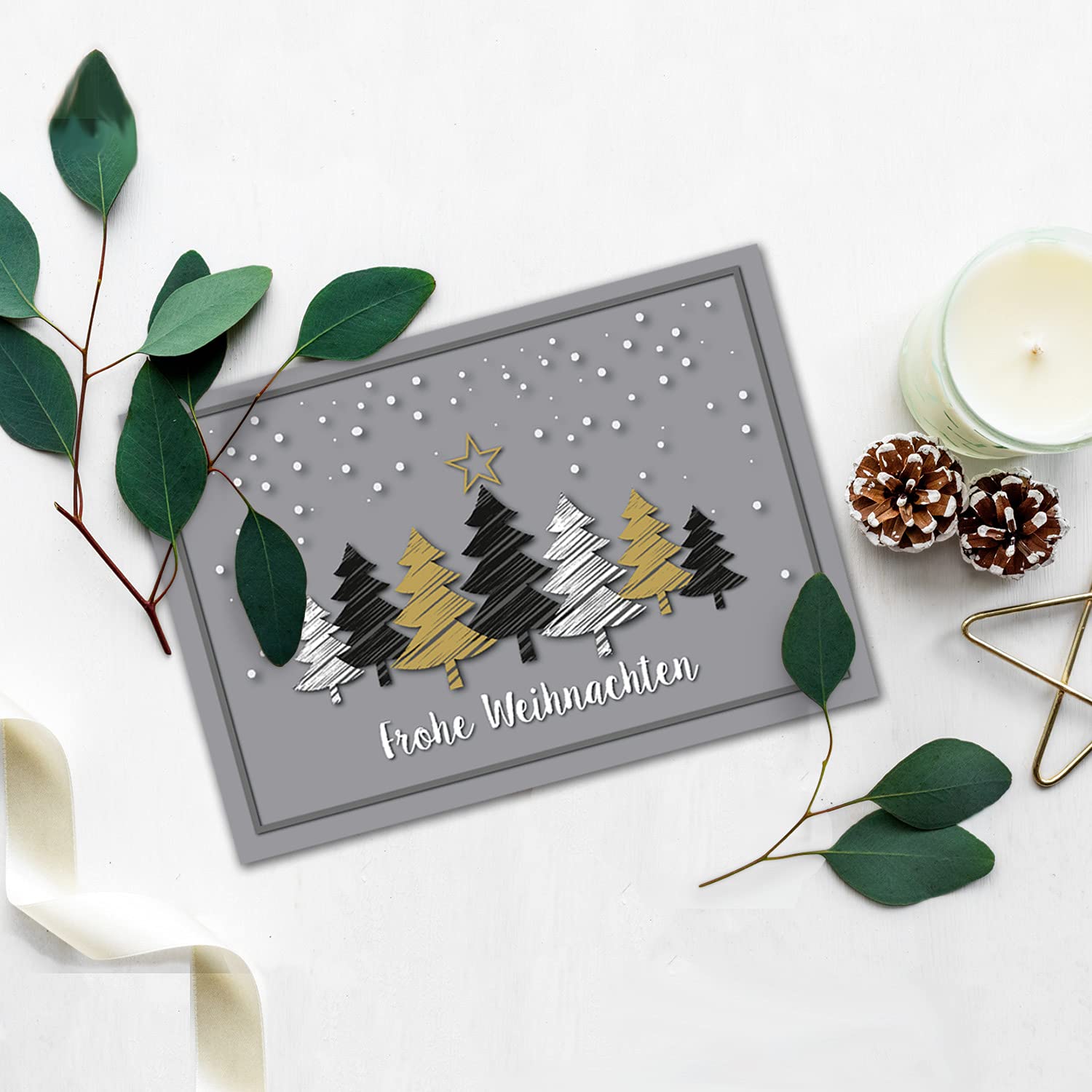 NEUSER PAPIER 150 tarjetas de Navidad DIN A6 en color gris con árboles de Navidad en aspecto de arañazos, tarjetas plegables con Navidad, 10,5 x 14,8 cm, saludos navideños para empresas y privadas