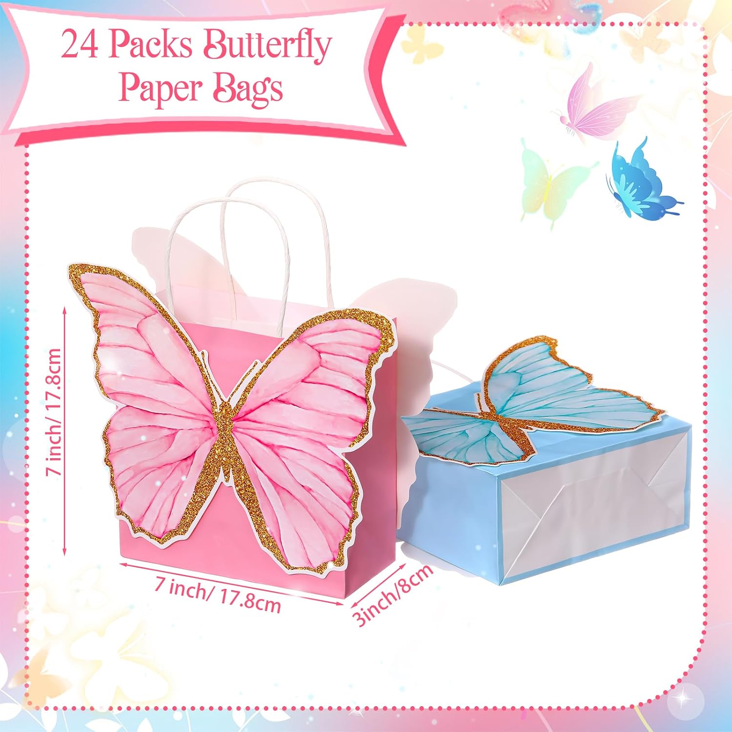 MotiMind 24 Pcs Butterfly Party Favor Bags with Handles Pink Purple Blue Butterfly Goodie Gift Paper Treat Candy Bags for Birthday Party Bridal Showers Supplies (Bright Colors)
