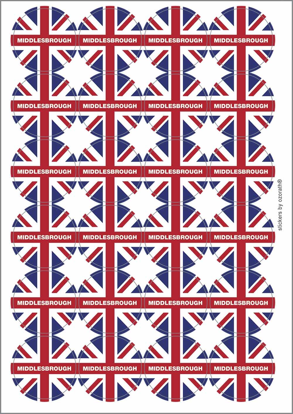 Middlesbrough Union Jack Circular Matt Paper Stickers A4 Sheet of 24 (Each Sticker is 45mm Diameter)