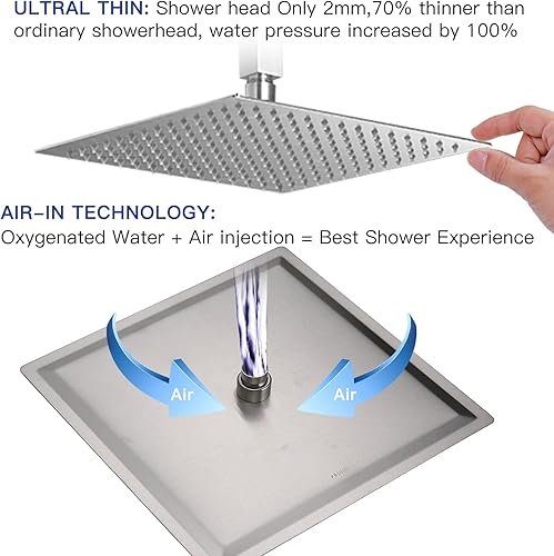 Miniatura 5 de BWE Cabezal de ducha de lluvia de 12 pulgadas con sistema de ducha de mano de níquel cepillado montado en el techo, grifo de ducha de baño,