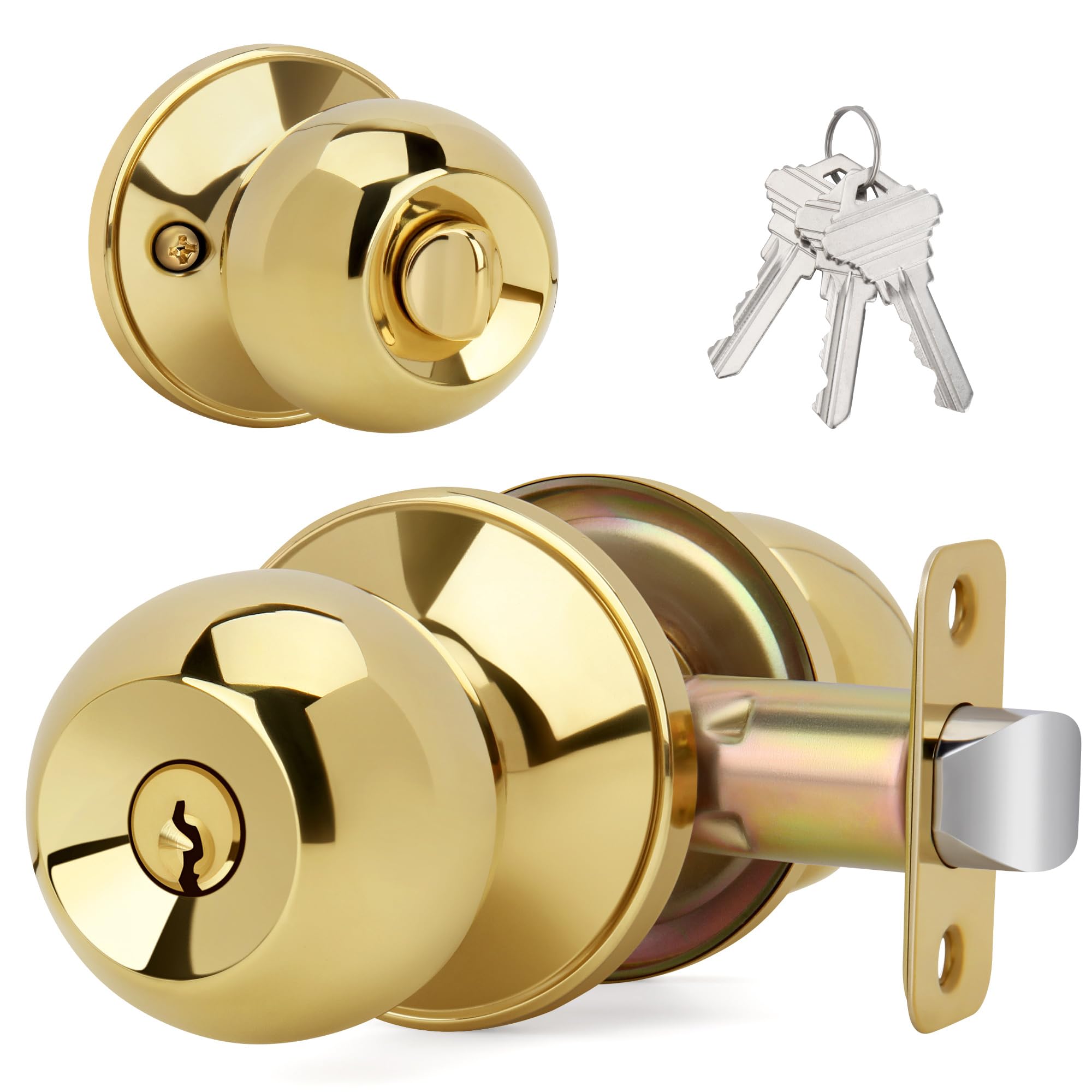 LOQRON Ball Design Door Knob with Keys and Lock, Keyed Entry Round Shaped Doorknob for Front/Entrance Doors, Polished Brass Finish