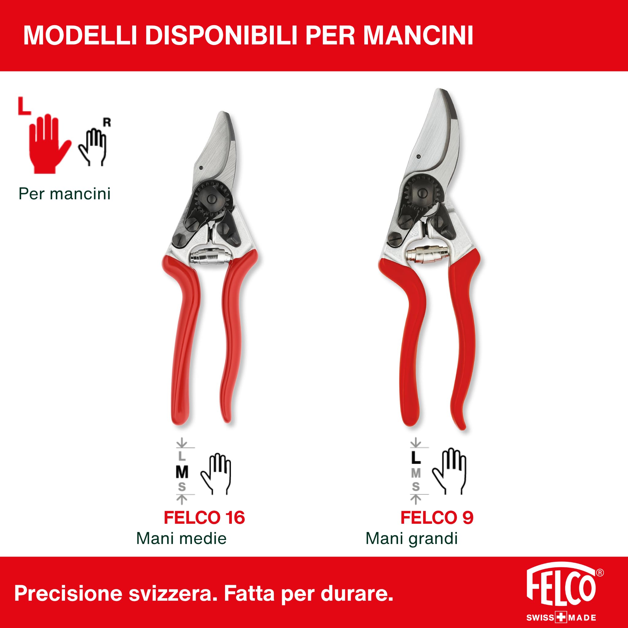 FELCO 7 forbice bypass per destrimani con manico rotante, lama in acciaio temprato 45 mm, manici in alluminio forgiato, ergonomia per mano grande, taglio potente 25 mm