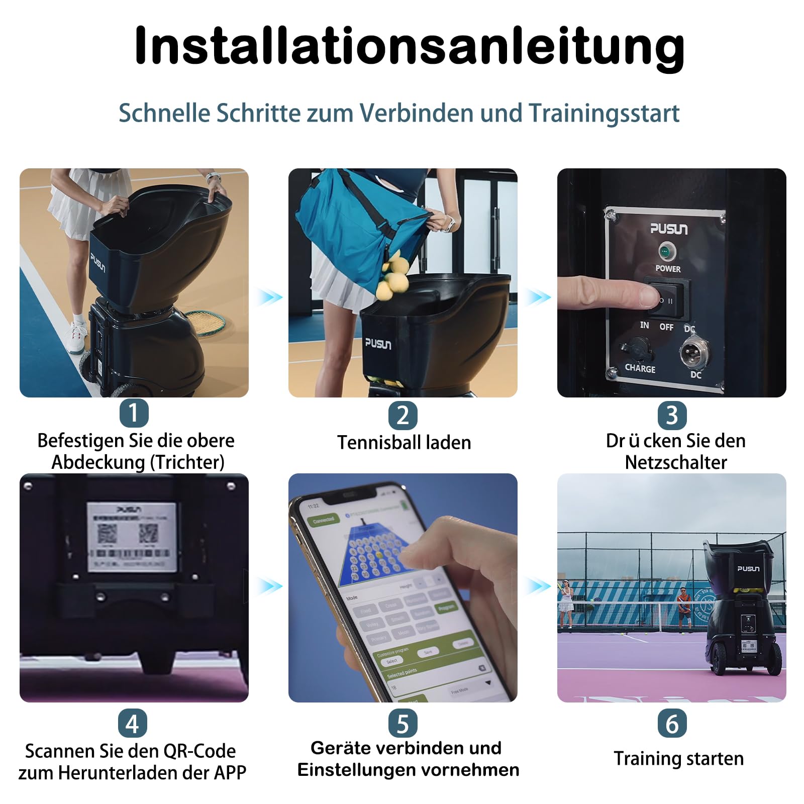 PUSUN PT-MAX C Tennisballmaschine - Profi Ballwerfer mit APP-Steuerung (App für Apple Watch), 28 Landepunkte & 26 Modi, Smart Trainer für alle Spielniveaus mit variablem System (5-7 Std.)