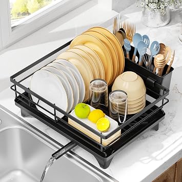 Dish Drainer Rack with Drip Tray, Space Saving Draining Board Rack, Sink Drainer Rack, Large Dish Rack, Drying Rack Kitchen for Utensils Plates Bowls
