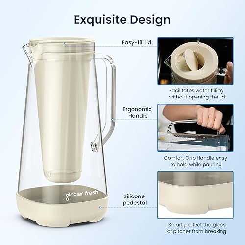 Miniatura 4 de GLACIER FRESH Jarra de agua de vidrio para agua del grifo y beber con membrana y filtro activado, reduce el cloro y el sabor al plomo, materiales de