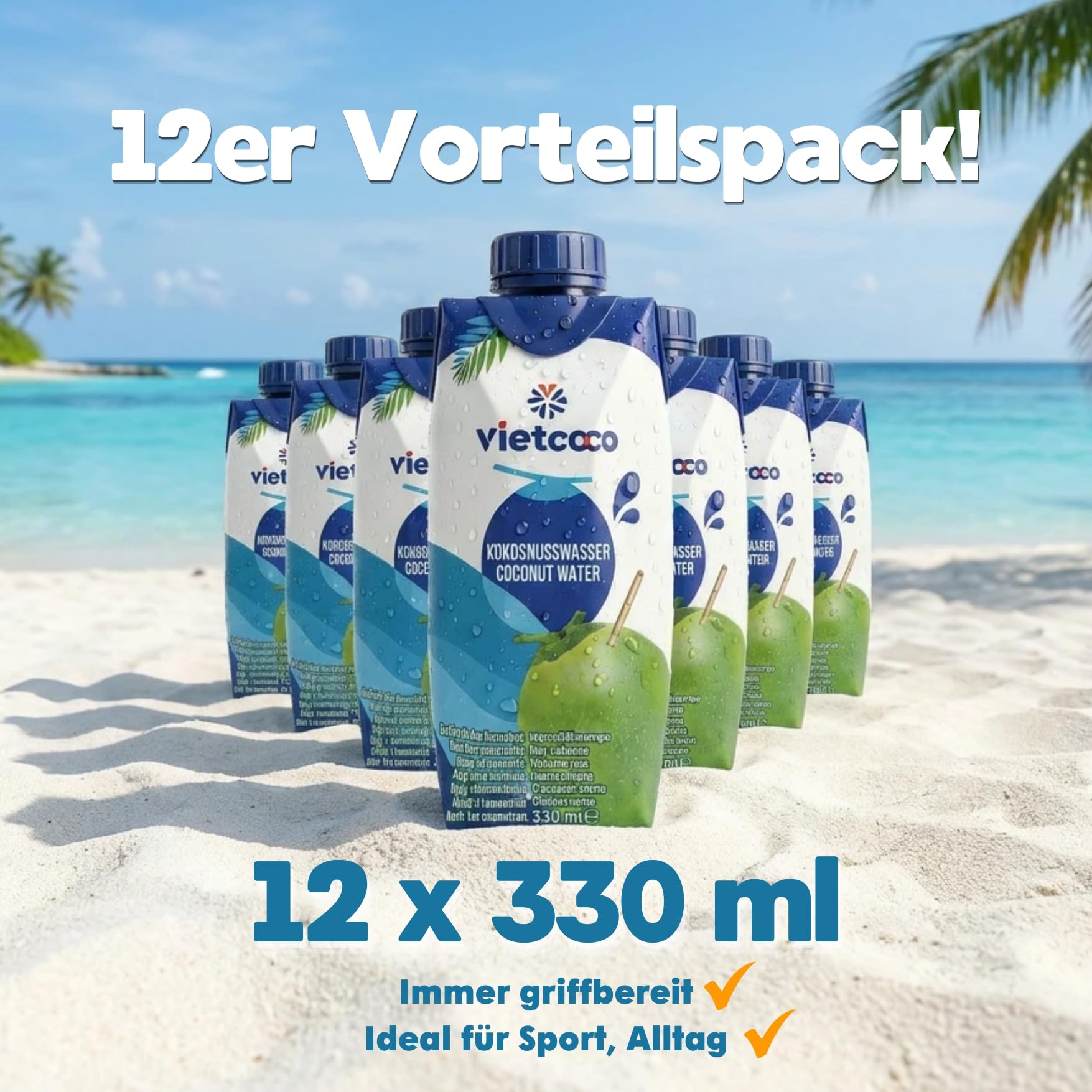 Vietcoco Kokoswasser 12 × 330 ml – 100% Pures Kokoswasser – ohne Zucker – Reich an Elektrolyten & Vitamin C – Erfrischend im Geschmack – Kalorienarm – Isotonisch & Lecker