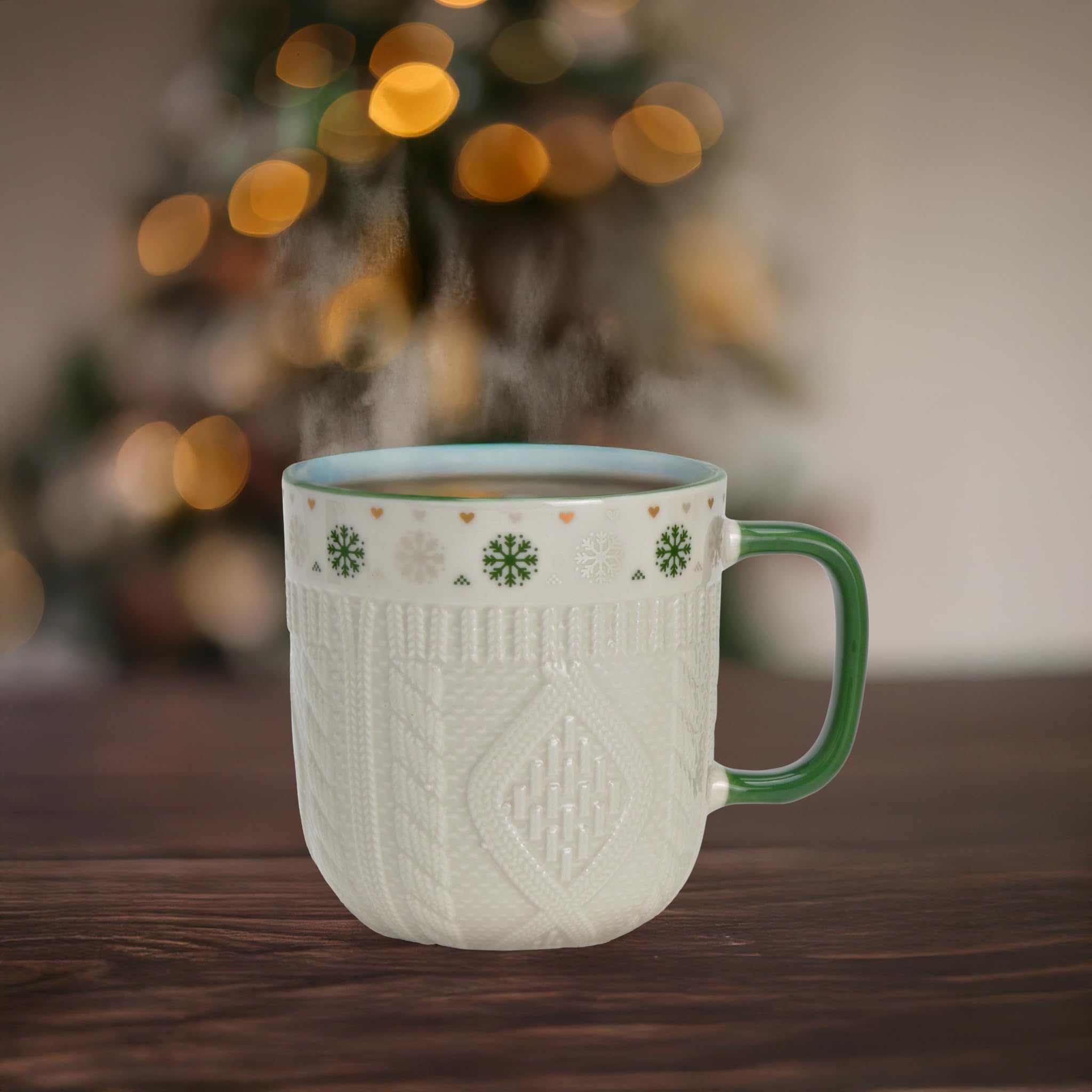 Kaffeetassen 36er Set weiß mit grünem Henkel - Weihnachts-Tassen mit Strickmuster Porzellan 345 ml