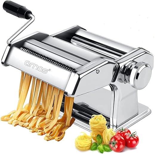 AMOS ® 3 in 1 Heavy Duty Stainless Steel Professional Fresh Pasta Lasagne Spaghetti Tagliatelle Maker Machine Cutter with 3 Cut Press Blade Settings with Table Top Clamp Kitchen Set (Silver)