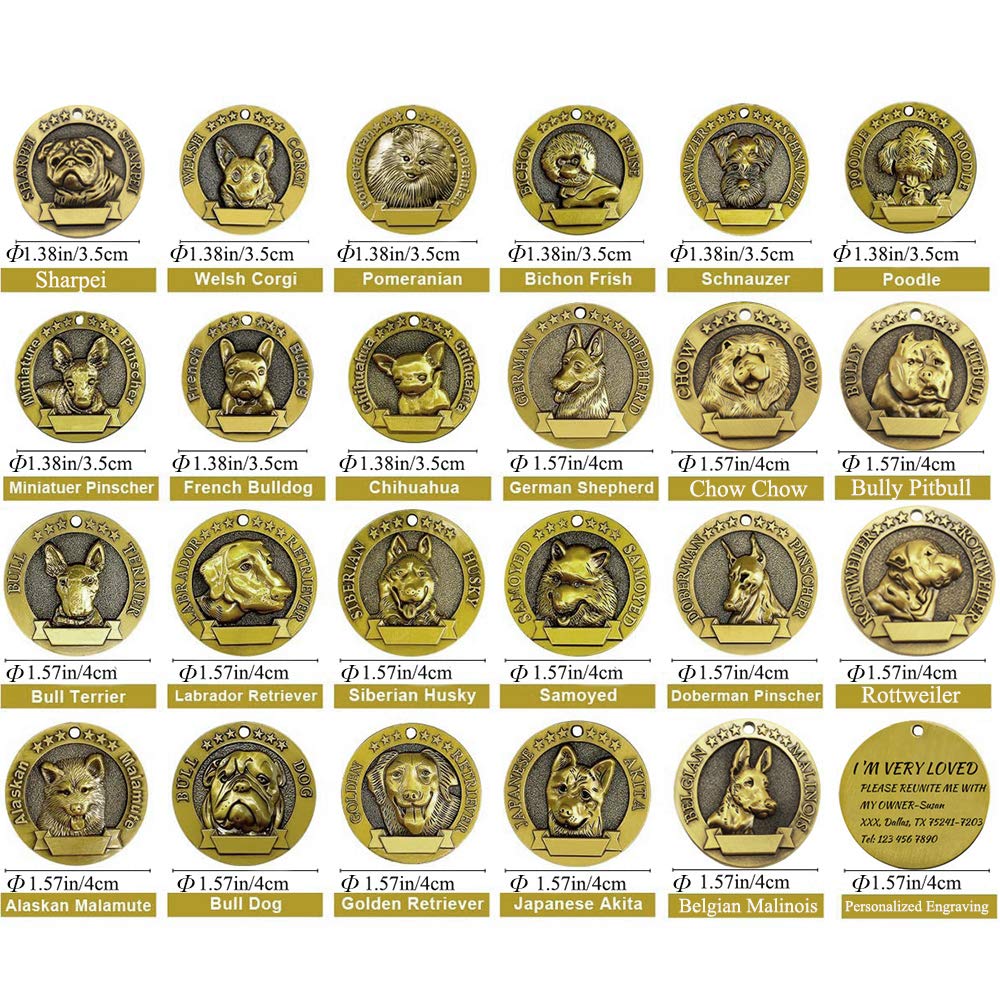 Personalized Pet ID Tags for Dog with 3D Breed Effect, Free Double Side Laser Engraved Custom Copper Alloy Tag for Small,Medium,Large Dog (Bronze Plating)