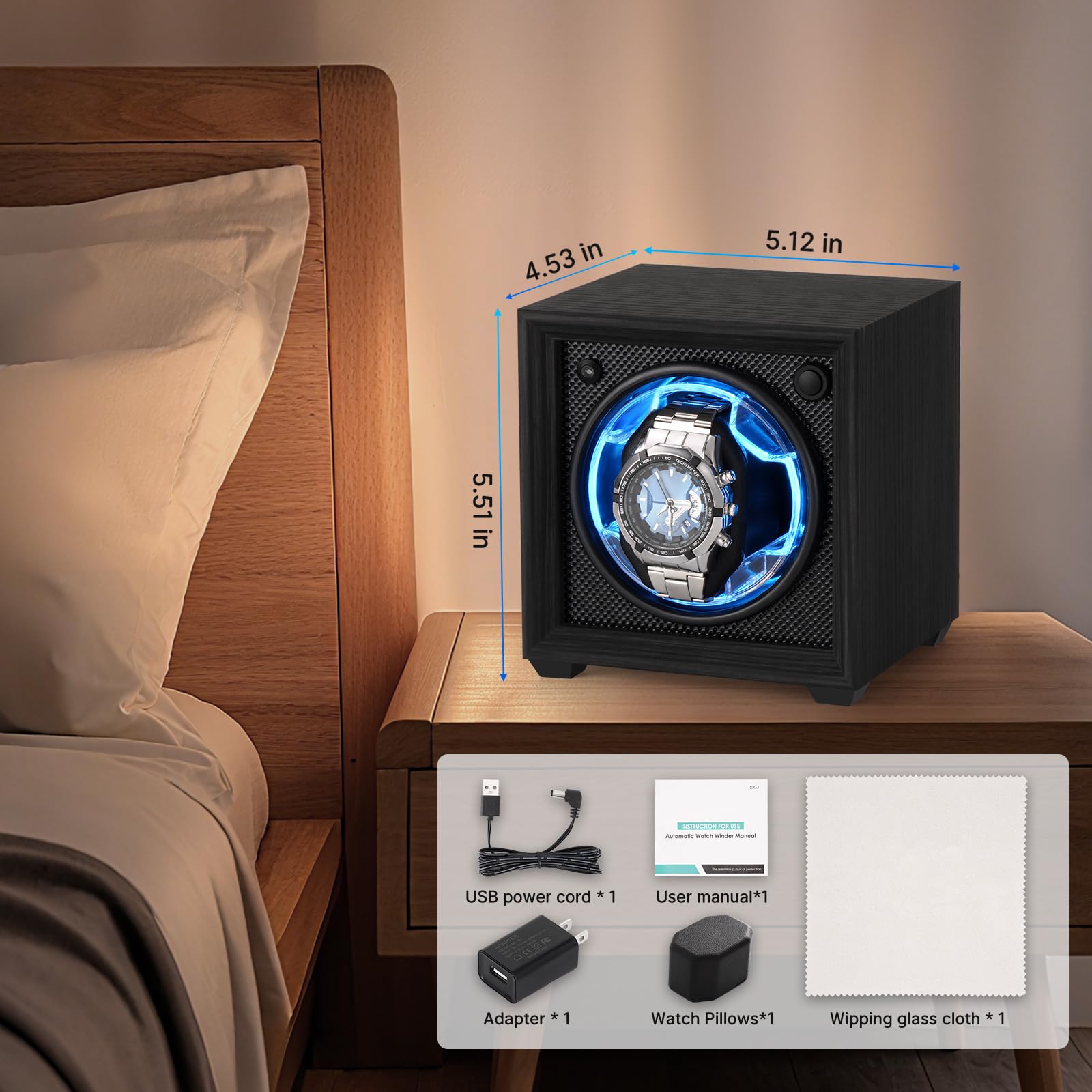 Isili Einzel Uhrenbeweger für Automatische Uhren, Auto Start-Stop Uhr Winders Box für Liebhaber, mit Quiet Motor 2 Rotation Mode Einstellung, blaues Licht, Geschenk für Vatertag