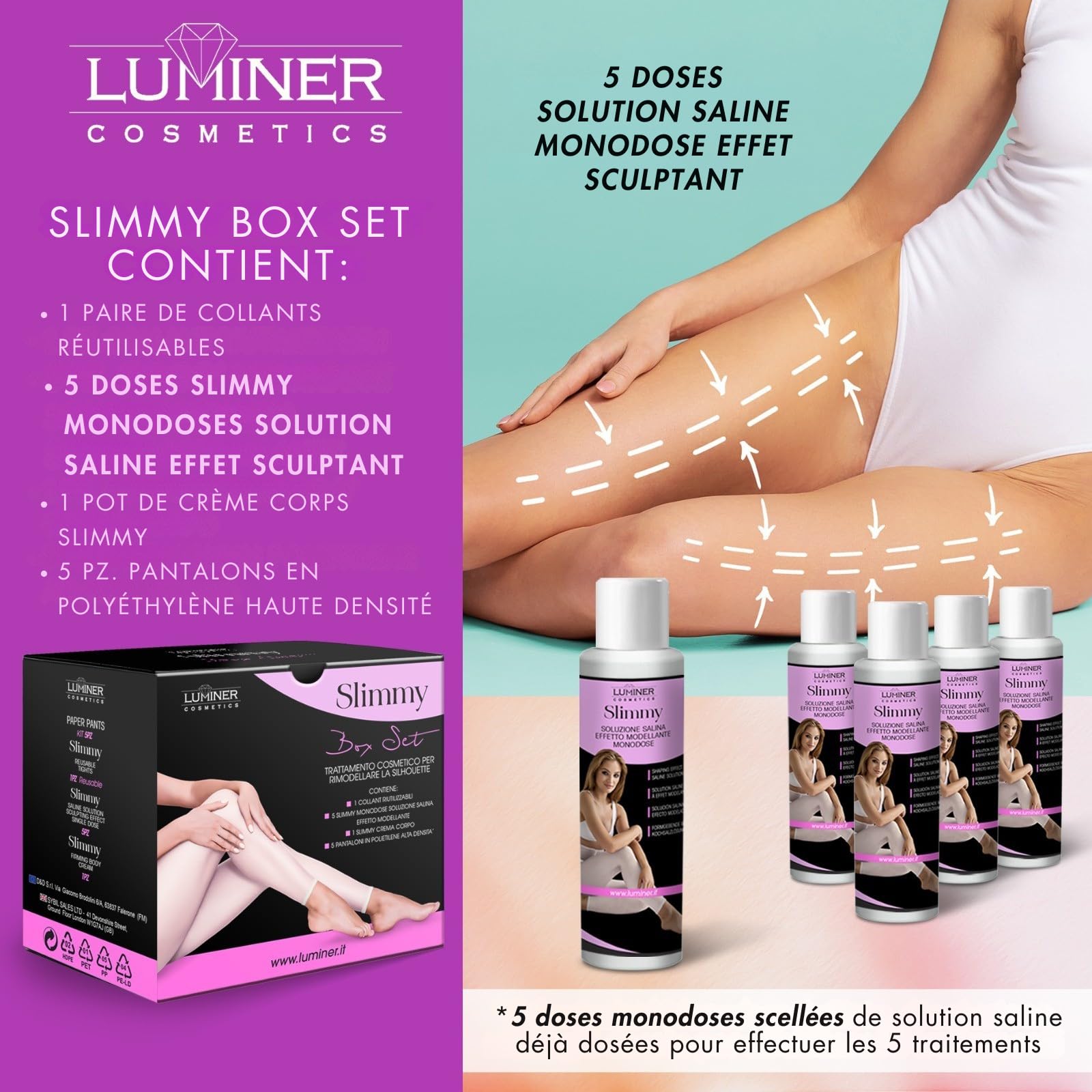Luminer Slimmy Set Box – avec 5 Collants de Soin Réutilisables, Sel de la Mer Morte, Pantalon de Soin, Crème Raffermissante, Soin Silhouette