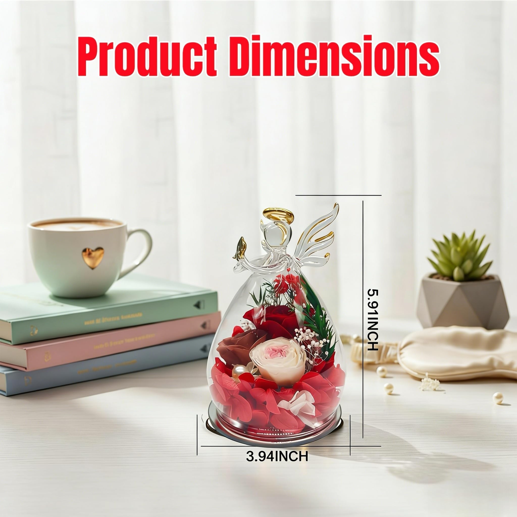 Cupola in vetro a forma di angelo con luce a forma di rosa conservata, 39,4 cm, illuminata a LED, con rose rosa, funzionamento a batteria, decorazione per casa, matrimonio, (rosso)