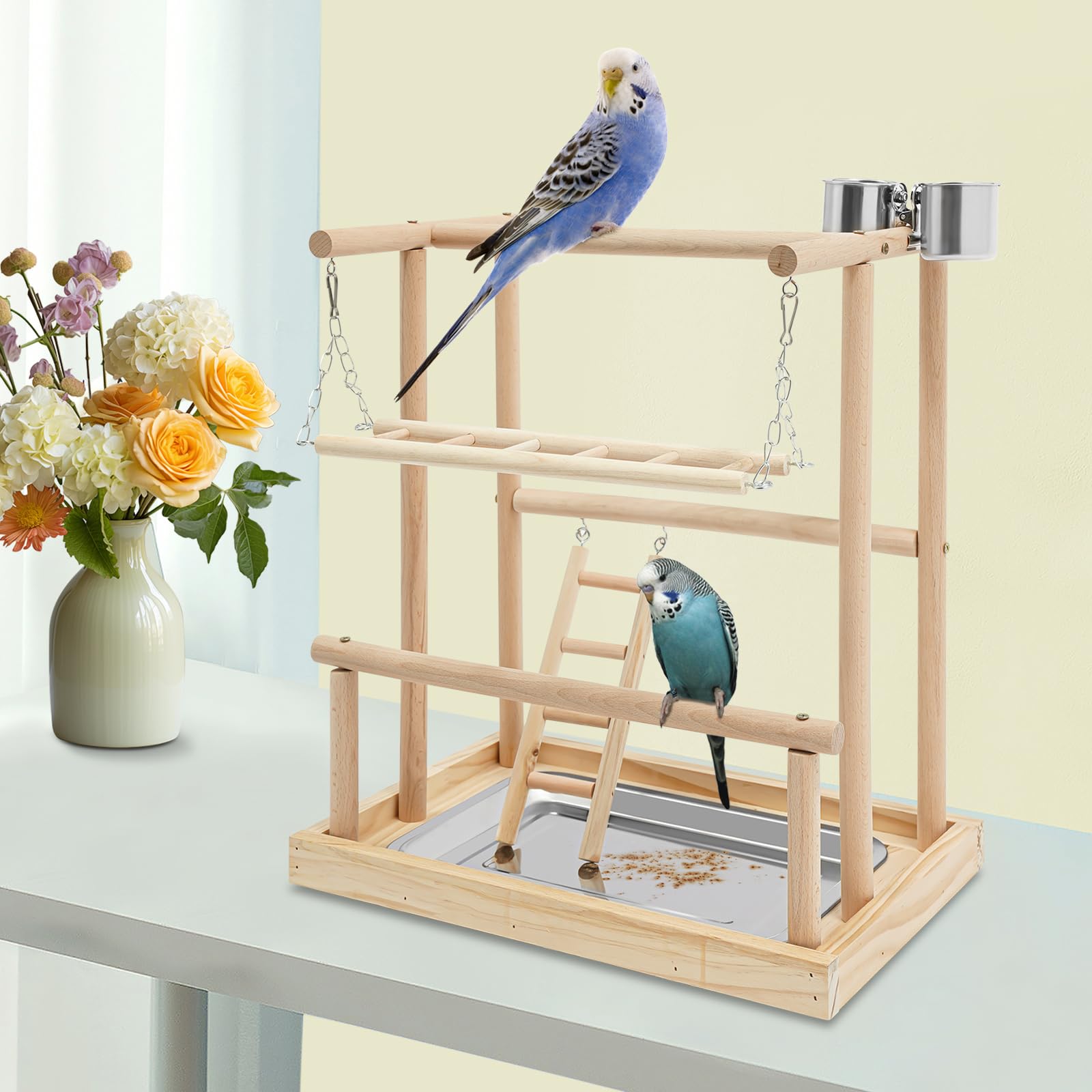 Scaffale da gioco per pappagalli, in legno, autoportante, con altalena, scala da arrampicata, ciotole per mangiatoie, pappagalli, parrocchetti, piccoli e medi, realizzata a mano in acciaio inox