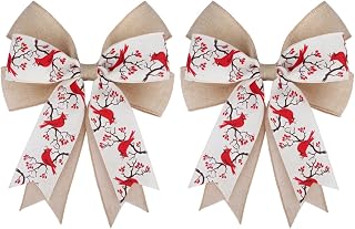 Meseey 2 Pcs Large Red Cardinal with Berry Bow 10.8 x 8.8 Inch Birdhouse Red Ribbon Tree Topper Bows for Baby Shower Party Holiday Gift Wrapping Basket Ornaments Bunting DIY Crafts (Cardinal)