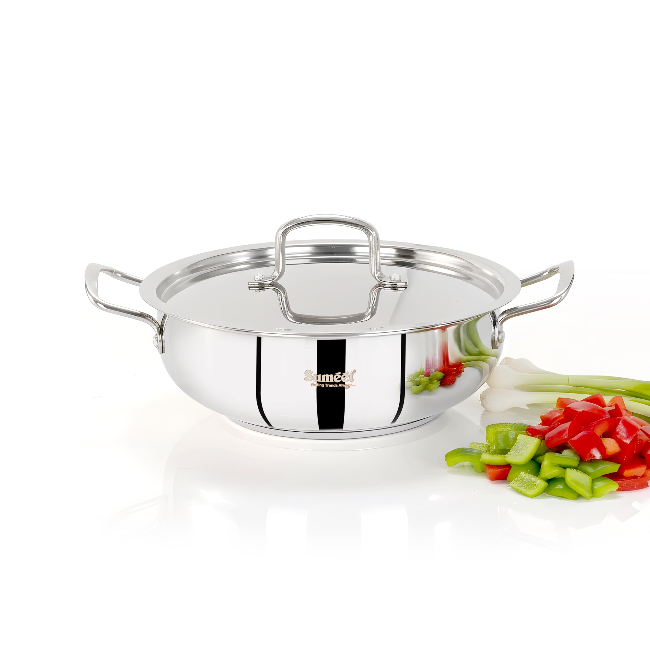 Sumeet ISI Certified Stainless Steel Kadai with Steel Lid & Encapsulated Heavy Bottom |Induction and Gas Compatible | 1.5Ltr Capacity - 20cm Dia, Silver