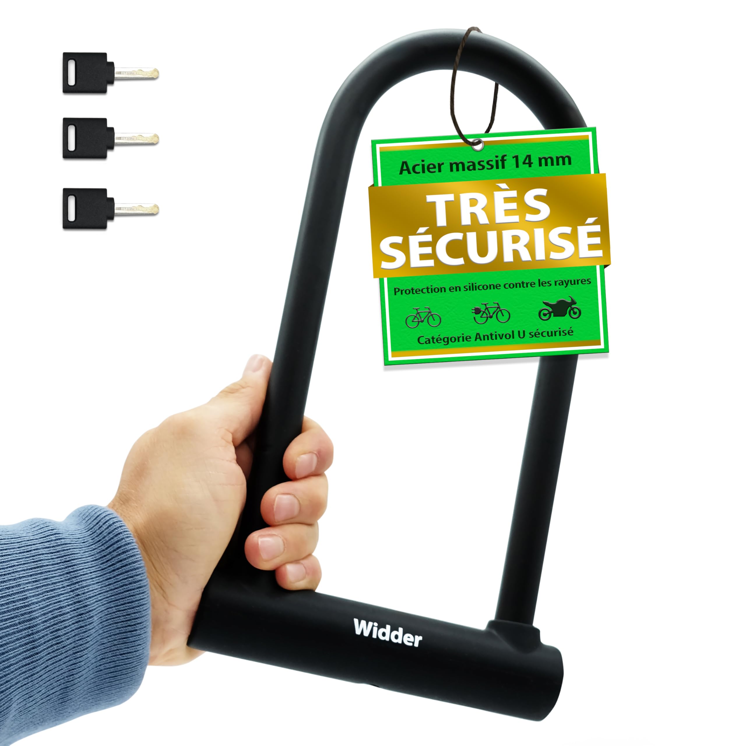 WIDDER Antivol U vélo extrêmement sûr – Acier chromé Niveau de sécurité 15 | Arceau massif 18 mm – Antivol velo 64 cm de circonférence avec Support & 3 clés – Antivol e‑Bike & e‑Scooter U