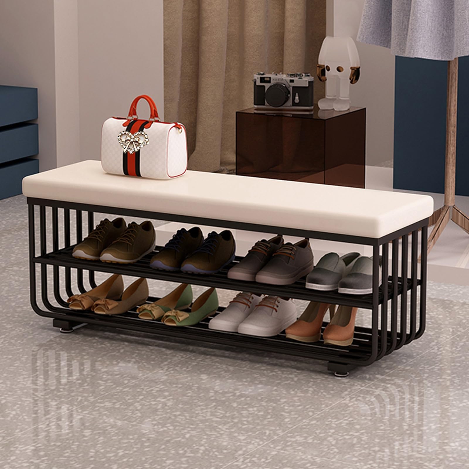 Meuble à chaussures de 120 cm avec banc en similicuir gris