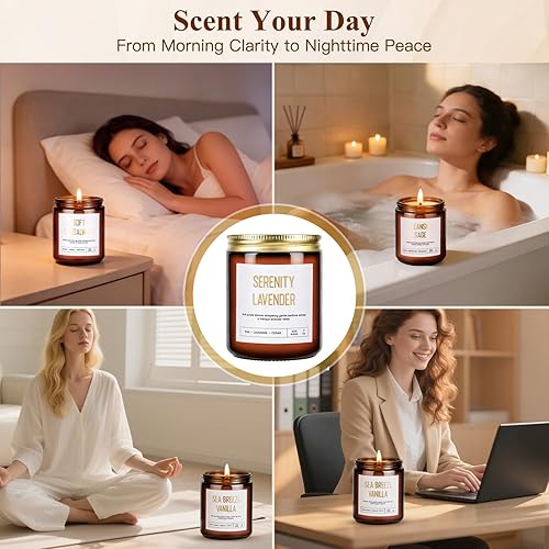 Miniatura 5 de Juego de 6 velas perfumadas de soja para mujer, paquete de 6 velas de 42 onzas, 300 horas para el hogar, aroma a lavanda, vainilla, eucalipto,