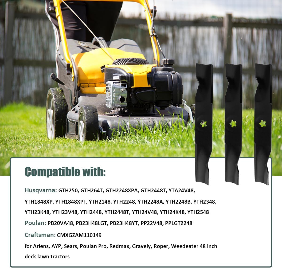 ZALANA 48" Deck Replacement Lawn Mower High Lift Blades for 180054 532180054 173920 532173920 539107519 PP24005 - Compatible with Husqvarna YTH2348 YTH24V48 Poulan PP22V48 Lawn Tractor - 3 Pack