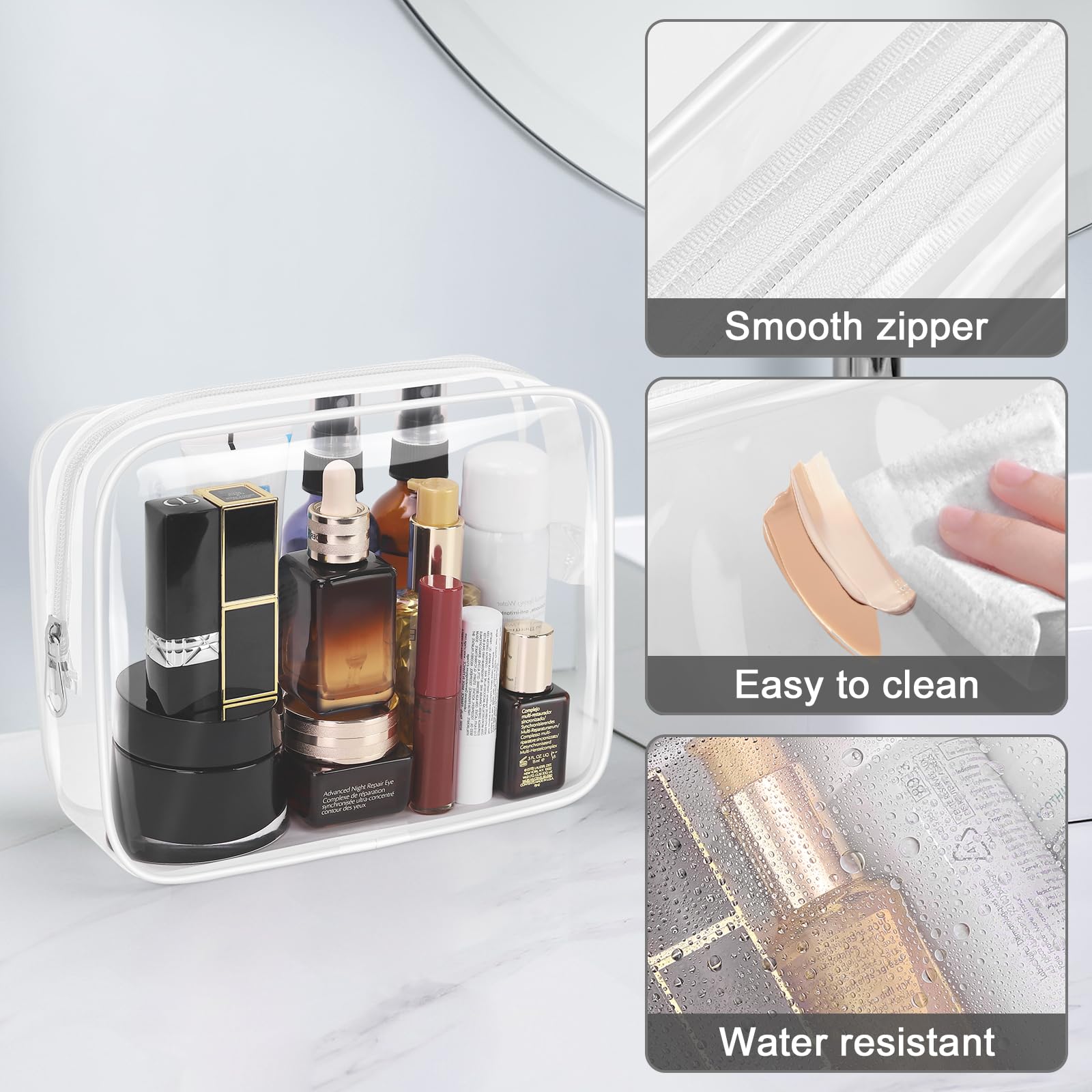 Wedama Neceser aprobado por la TSA, bolsas de cosméticos, paquete de 3 con cremallera, accesorios de viaje en aeropuerto, bolsas de maquillaje de PVC para viajes, bolsas de aseo transparentes para