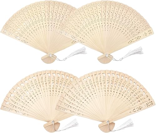 4 ventiladores plegables de madera vintage con borlas, ventilador plegable de bambú, ventilador de mano de sándalo tallado hueco con estrellas y