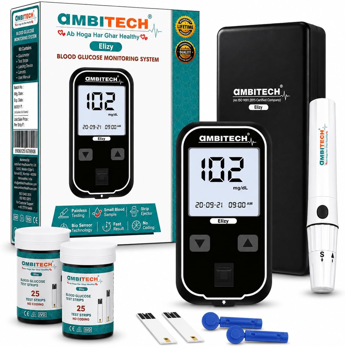 Elizy Blood Glucose Meter Kit with 25 strips and 25 lancets (Made in India) (Life time warranty) Glucometer (Black)