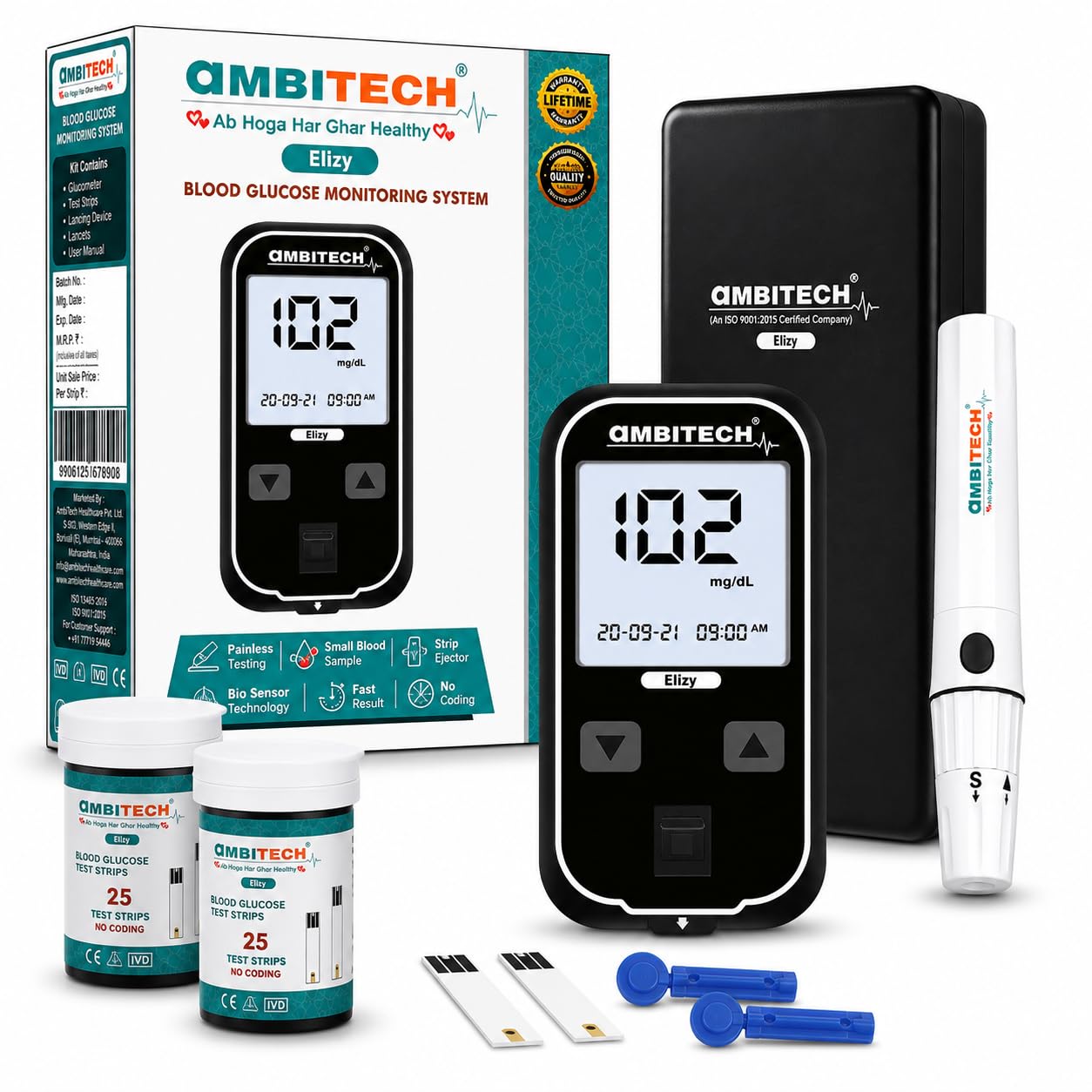 AmbiTech Elizy Blood Glucose Meter Kit with 25 strips and 25 lancets (Made in India) (Life time warranty) Glucometer (Bl