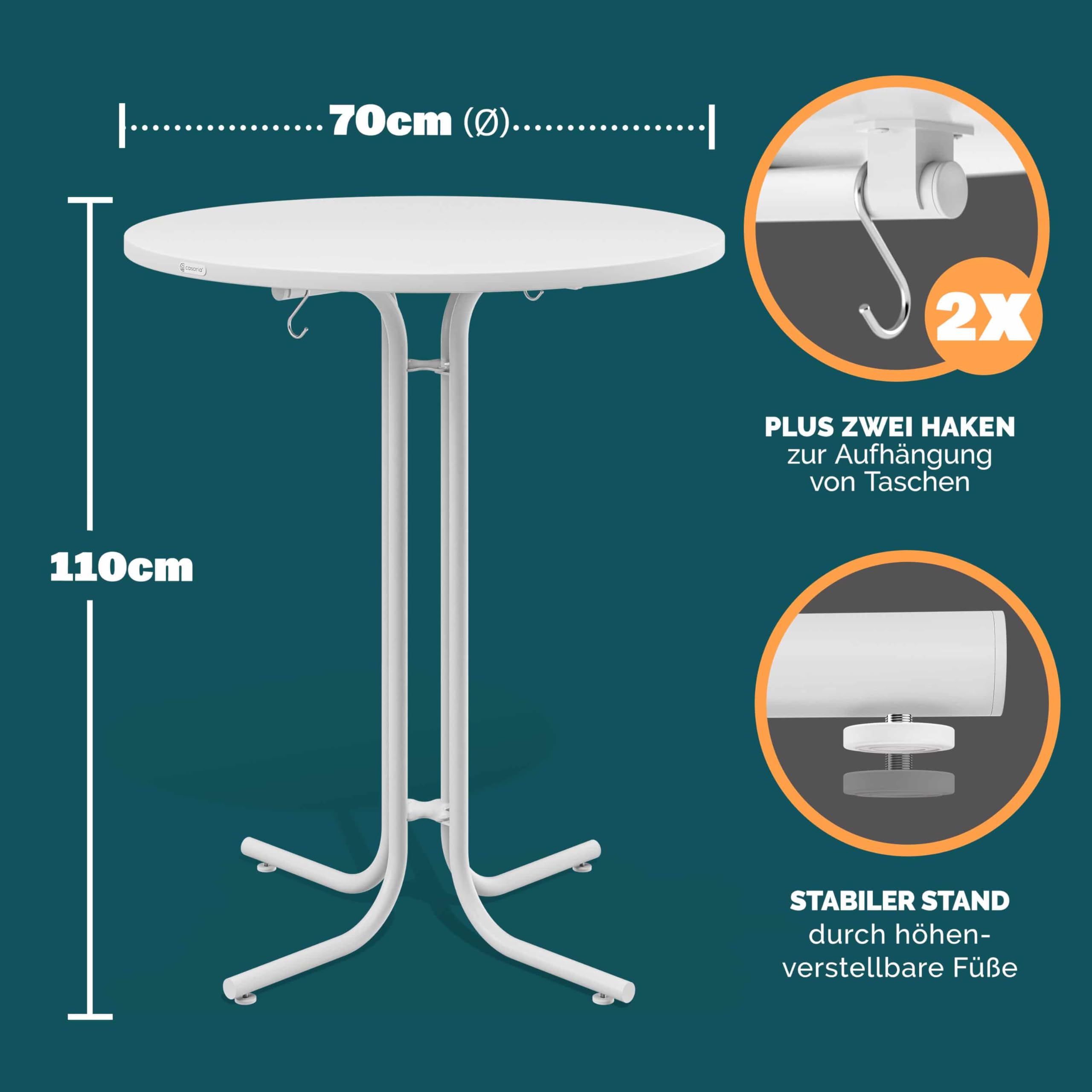 Casaria® Table Haute Pliable Blanche avec Housse Grise Mange Debout 110 cm Bar bistrot Jardin 2 Crochets Inclus