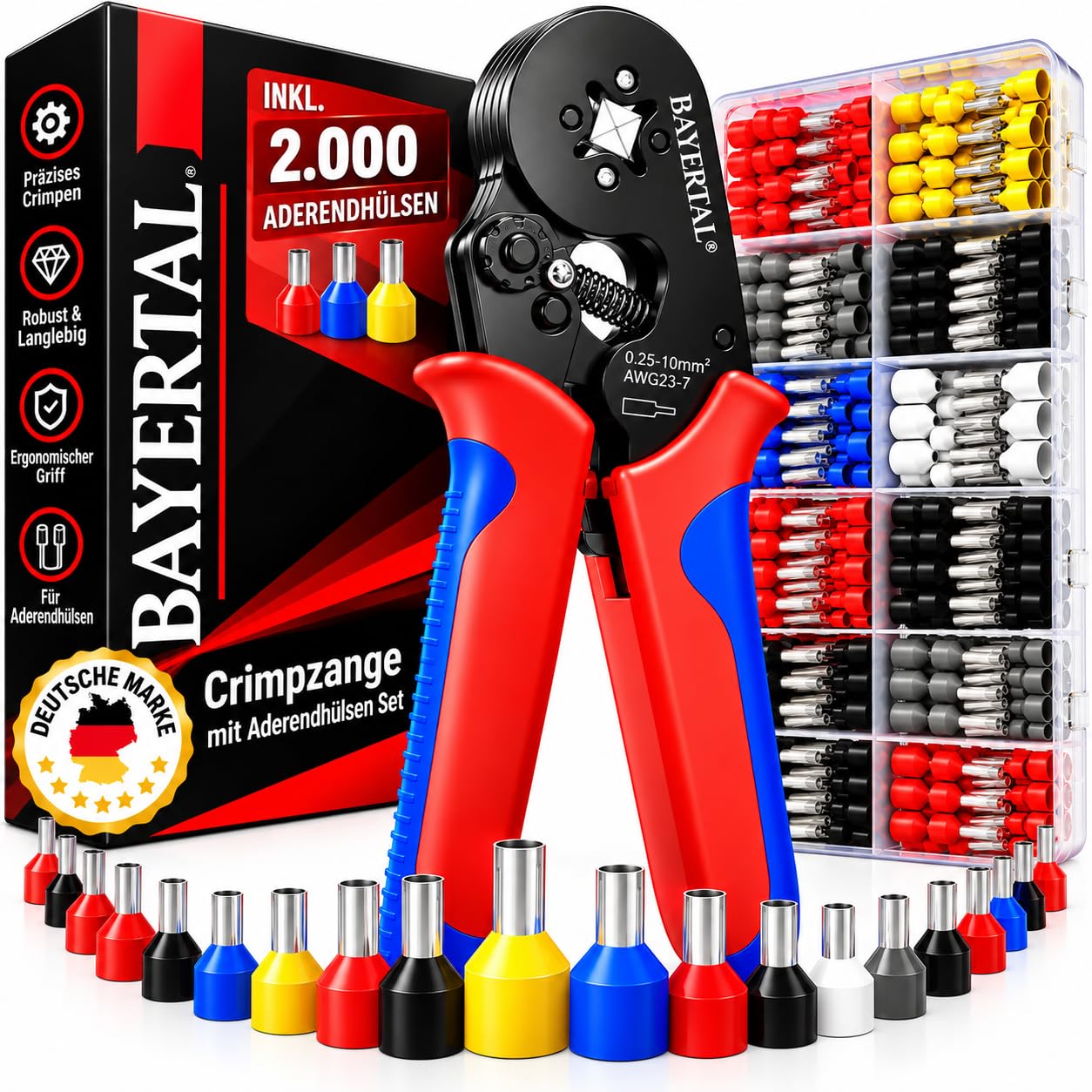Bayertal® Crimpzange Set mit 2000 Aderendhülsen – Vierkant-Pressung für präzises Crimpen von Kabeln & Drähten – Aderendhülsenzange 0,25–10 mm², professionelles Werkzeug für Elektriker & Heimwerker