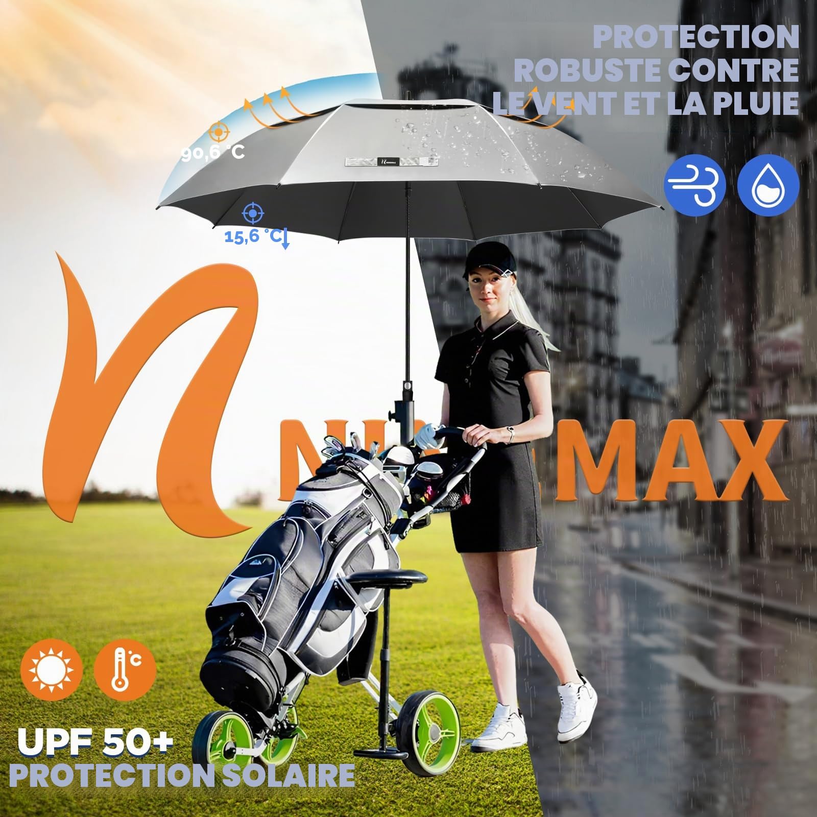 NINEMAX Grand Parapluie Soleil Anti UV XXL Ombrelle Solide Anti Vent Résistant pour 2 Personnes Argent Noir