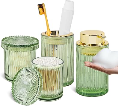 Green Glass Bathroom Accessories Set, 4pcs Bathroom Accessory Set, Foaming Soap Dispenser,Toothbrush Holder and 2pcs Qtip Holder with Lid, Bathroom Modern Ribbed Jars Organizer for Decor