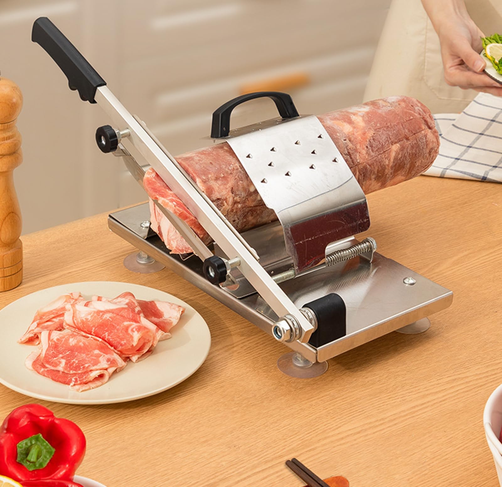Affettatrice Manuale per Carne congelata Taglierina in Acciaio Inossidabile Macchina per Uso Domestico Cucina Commerciale Rotolo di Carne di Manzo Affettatrici per Amante