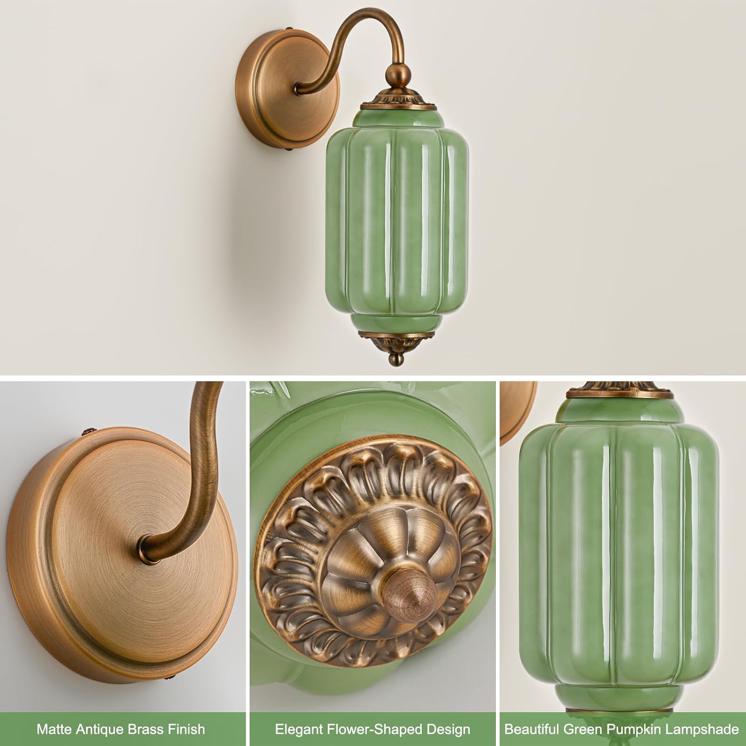 1 Piece Vintage Brass Finish Bathroom Vanity Light, 1-Light Wall Sconce with Green Pumpkin Glass Shade for Bathroom,Living Room