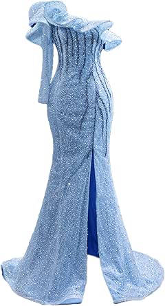 One Shoulder Mermaid Evening Dress With Beads & Sequins - Prom, Pageant, Or Formal Gown With Train