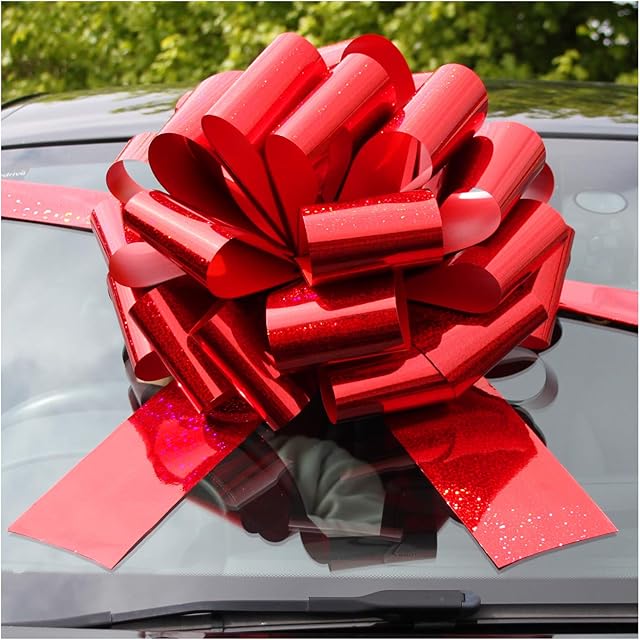 Jaffa Imports MEGA GIANT CAR BOW (16 inch) + 6 METRES of RIBBON for Cars, Bikes, Big Birthday & Christmas Gifts - HOLOGRAPHIC RED