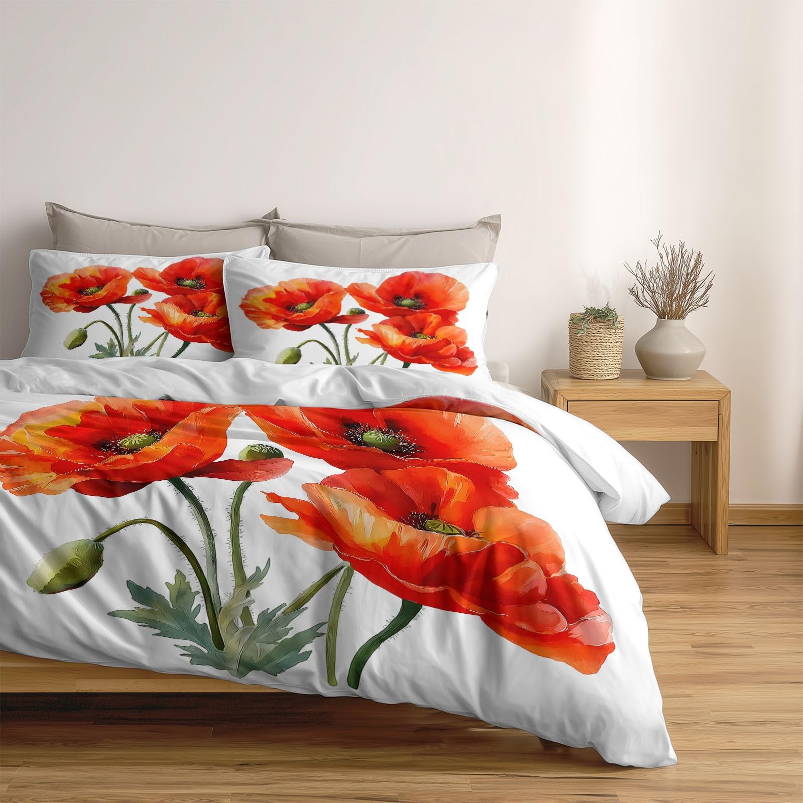 Generisch Romantische Blumen 3-teiliges Bettwäsche-Set, 1 Bettbezug 180 x 200 cm und 2 Kissenbezüge 80 x 80 cm, Bunter Medienstrauß,Mikrofaser, wendbar, modern, Teenager, Weiß