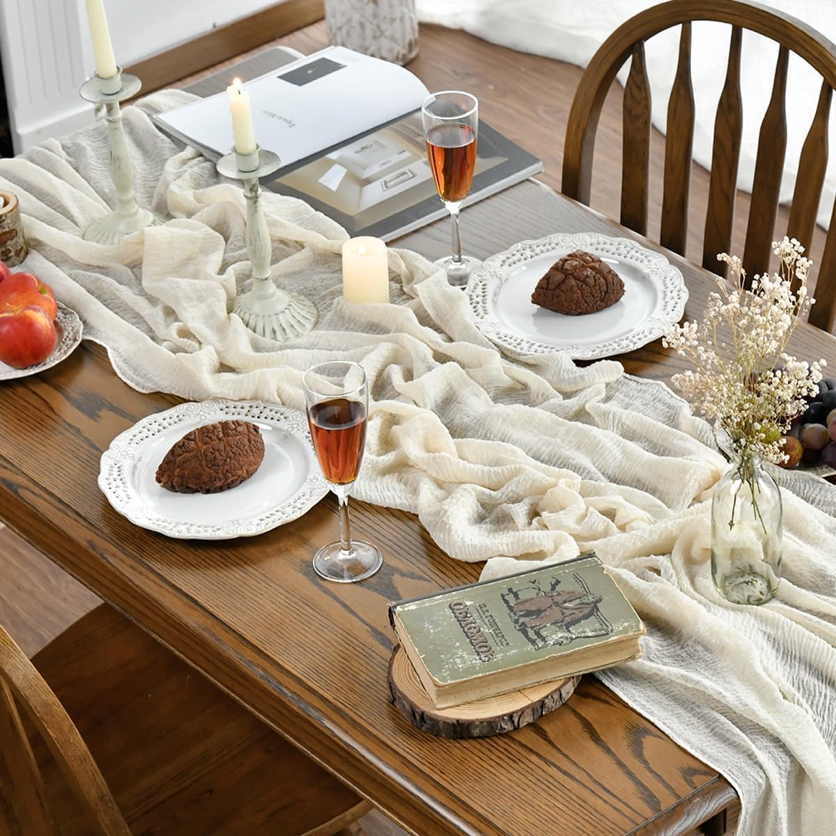 Artoid Mode Boho Beige Gauze 6 Pieces Wedding Table Runner, 120 Inch Birthday Fabric Kitchen Dining Holiday Table Decor for Home Party Indoor