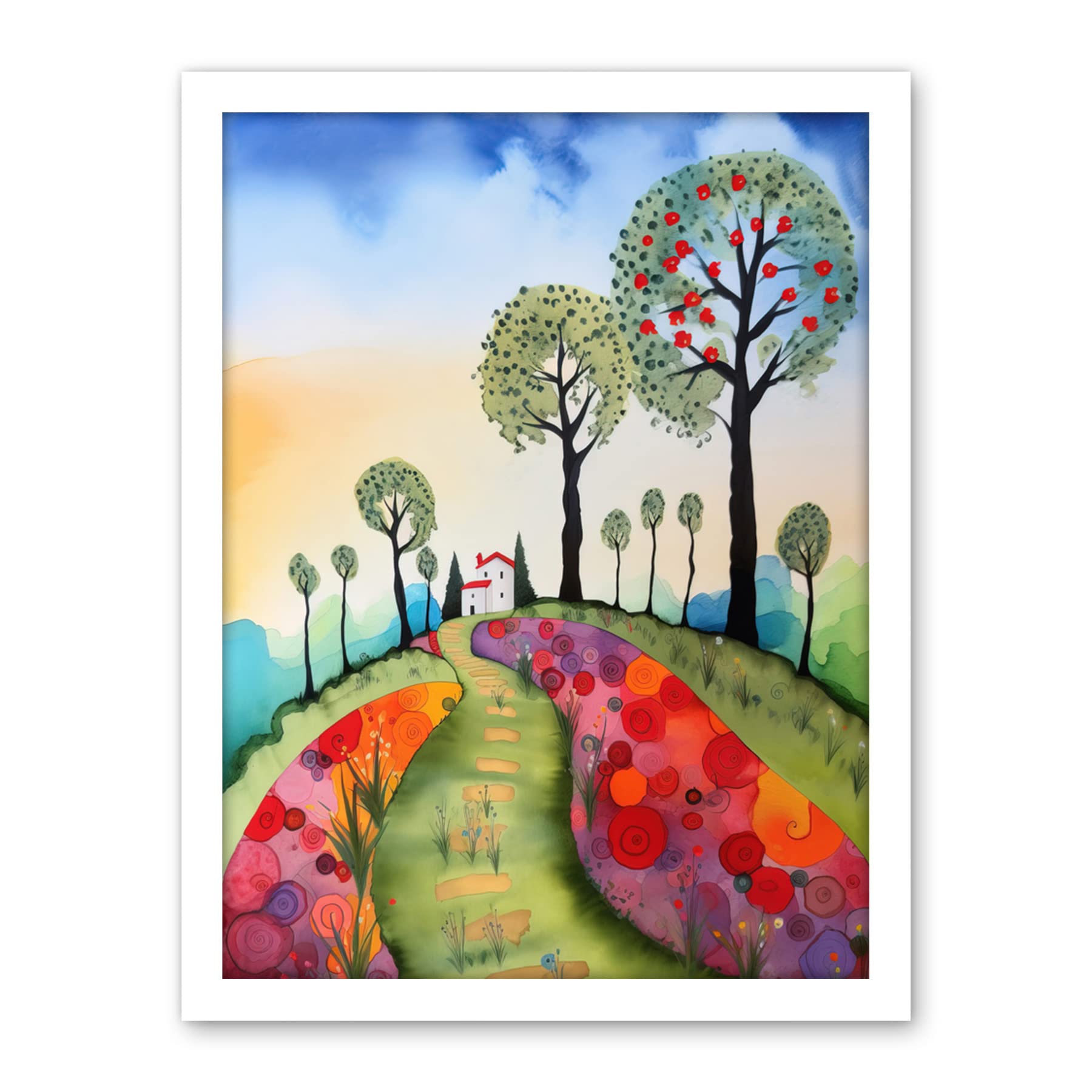 Artery8 Countryside House Path With Flowerbeds Folk Art Landscape Watercolour Painting Artwork Framed Wall Art Print 18X24 Inch