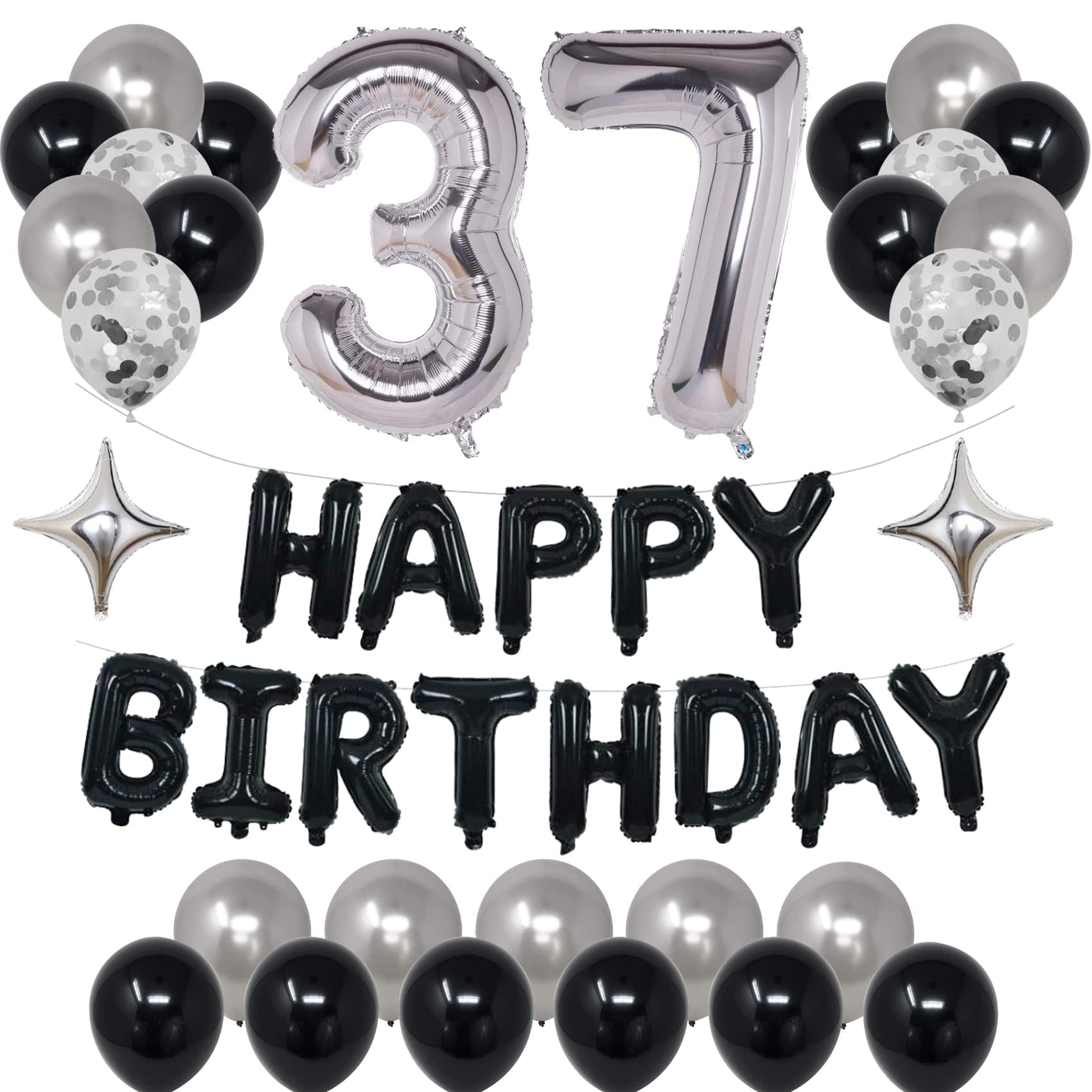 NANINUNENO 37th Black Silver Birthday Party Decorations for Men Women, Happy 37 Birthday Party Supplies with Black Happy Birthday Banner, Silver Foil