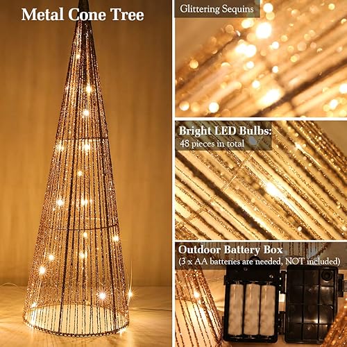 Miniatura 5 de Lewondr Árboles de cono de Navidad, juego de 3 árboles de Navidad con luces y purpurina (241812 pulgadas), árbol de Navidad decorativo de hilo