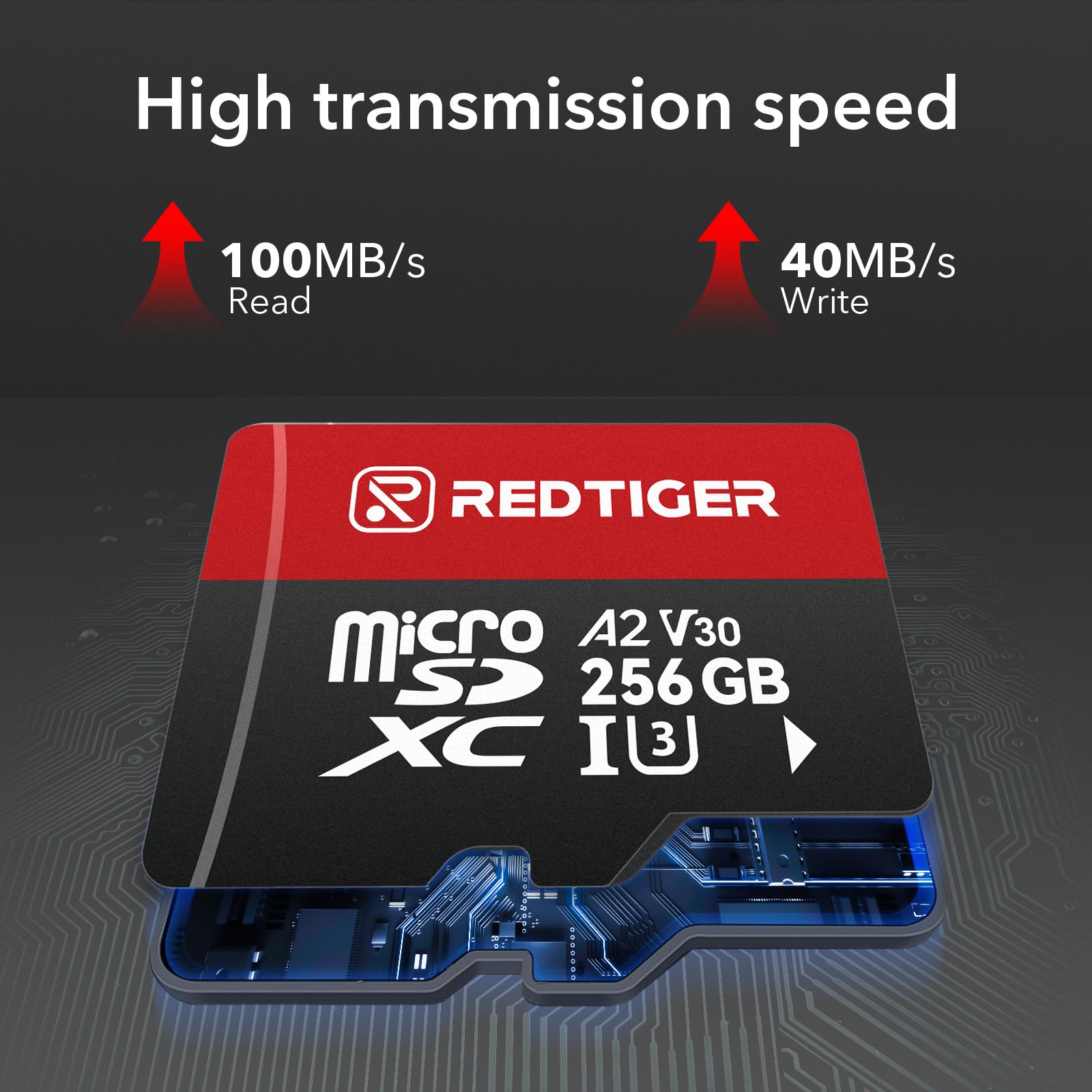 REDTIGER Carte Micro SD haute vitesse 256 Go avec adaptateur, microSDXC UHS-I classe 10, U3, V30 A2, prise en charge de caméra embarquée et enregistrement vidéo 4K, compatible avec F7NP-V07&F9&