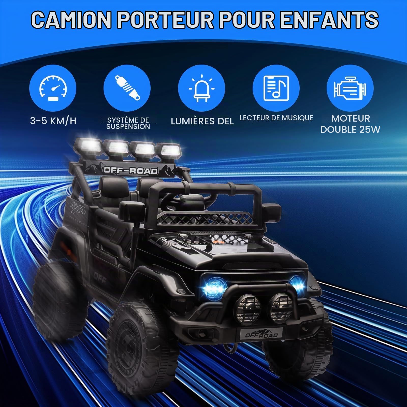 Voiture Électrique Enfant 12V - Quad avec Télécommande Parentale, 3 Vitesses, Phares LED, Klaxon, MP3, Ceinture Sécurité, sans Fil - Cadeau Fille Garçon 3-8 Ans, Noir
