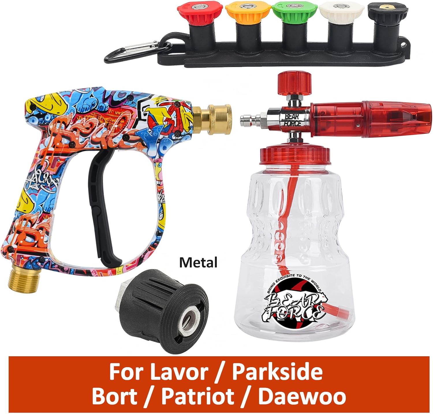 BEAR FORCE Pistolet pulverisateur pour nettoyeur haute pression M22- ID14MM avec connecteur rapide de 6,35 mm, 5 embouts de pulveris - photo 2