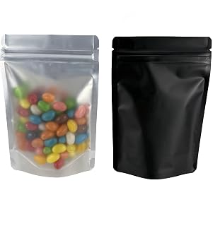 PABCK Black Mylar Resealable Bag Self Seal Foil Bags for Food Storage Candy Coffee Packaging Stand Up Plastic Heat Sealable Aluminum Pouch with Window (50, 4x5 inch)