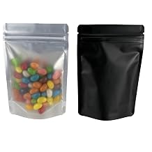 PABCK Black Mylar Resealable Bag Self Seal Foil Bags for Food Storage Candy Coffee Packaging Stand Up Plastic Heat Sealable Aluminum Pouch with Window 50, 4x6 inch