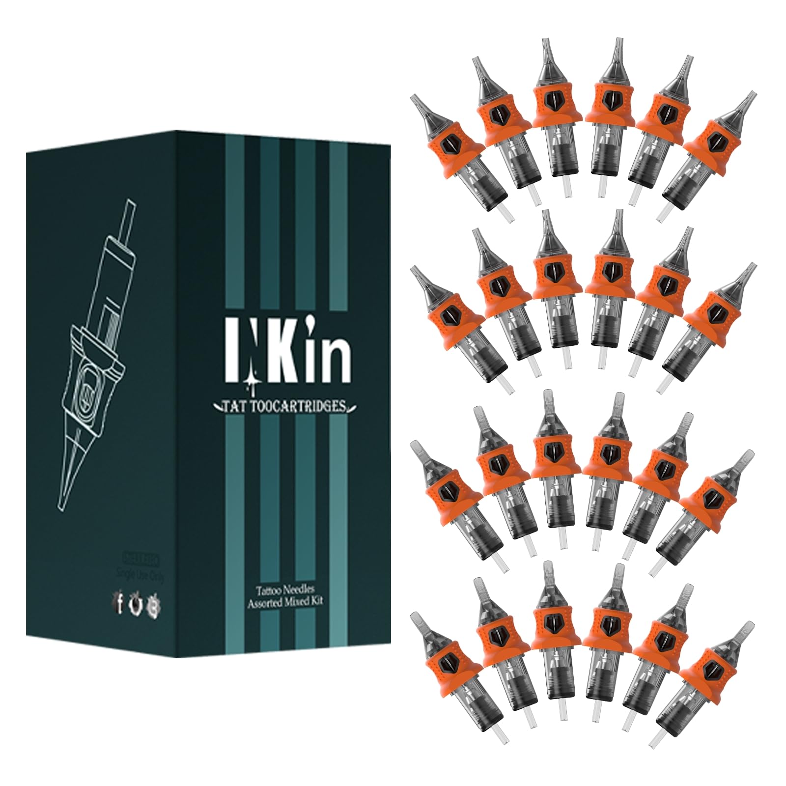 INKin 40Pcs Tattoo Cartridge Needles Assorted Mixed Size #12 Standard Round Liner Shader Curved/Round Mag 3RL 5RL 7RL 9RL 5RS 7RS 9RS 13RM 15RM 23RM Disposable Tattoo Needles with Safety Membrane-picture-11
