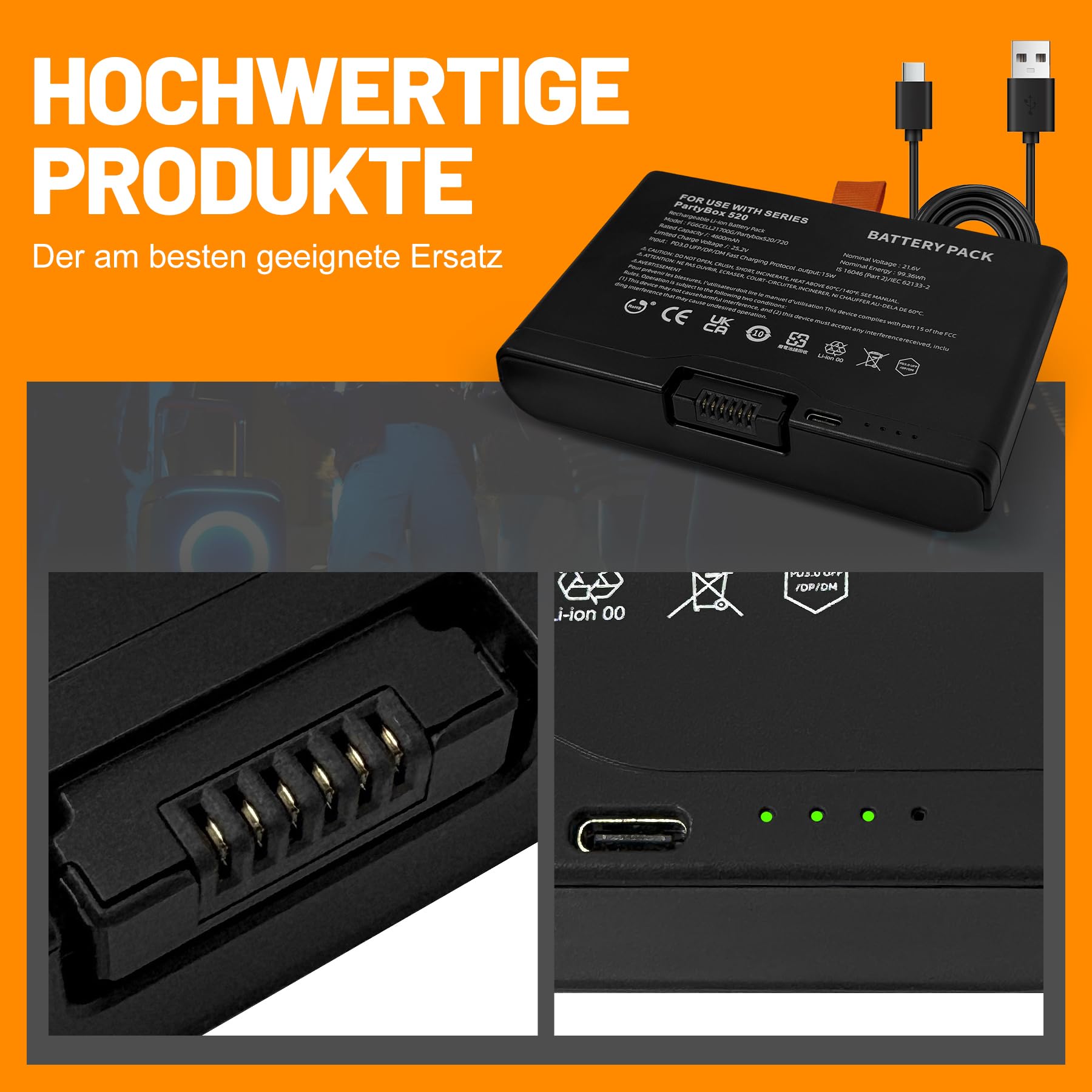Batteria di ricambio da 4600 mAh con funzione di ricarica rapida di tipo C, adatta per JBL PartyBox 520/720 e Boombox 4, compatibile con FG6CELL21700G (Battery 600), alta capacità e facile