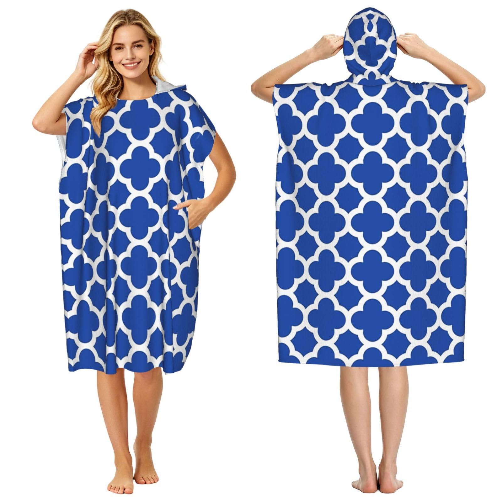 Poadnly Cobalt Blue Quatrefoil Trellis, Adult Hooded Beach Towel 90 x 110 cm,Changing Bath Robe, Surf Poncho Towel For Women Men