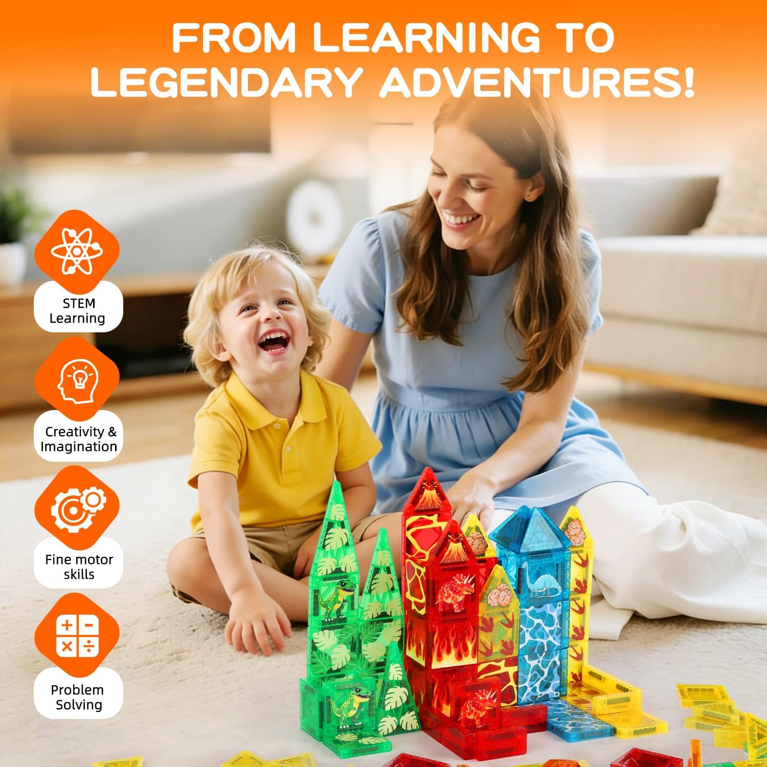 Dinosaur Adventure Magnetic Building Tiles, Vibrant Color Window Construction Set, STEM Learning Toys for Kids 3+, Interactive Dinosaur World Play Kit, for Boys & Girls