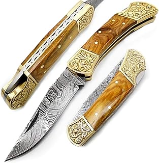 Best.Buy.Damascus1 Olive Wood Brass Double Bloster Beautiful Scrimshaw Work 7.6'' Handmade Damascus Steel Folding Pocket Knife Prime Quality - Best.Buy.Damascus1